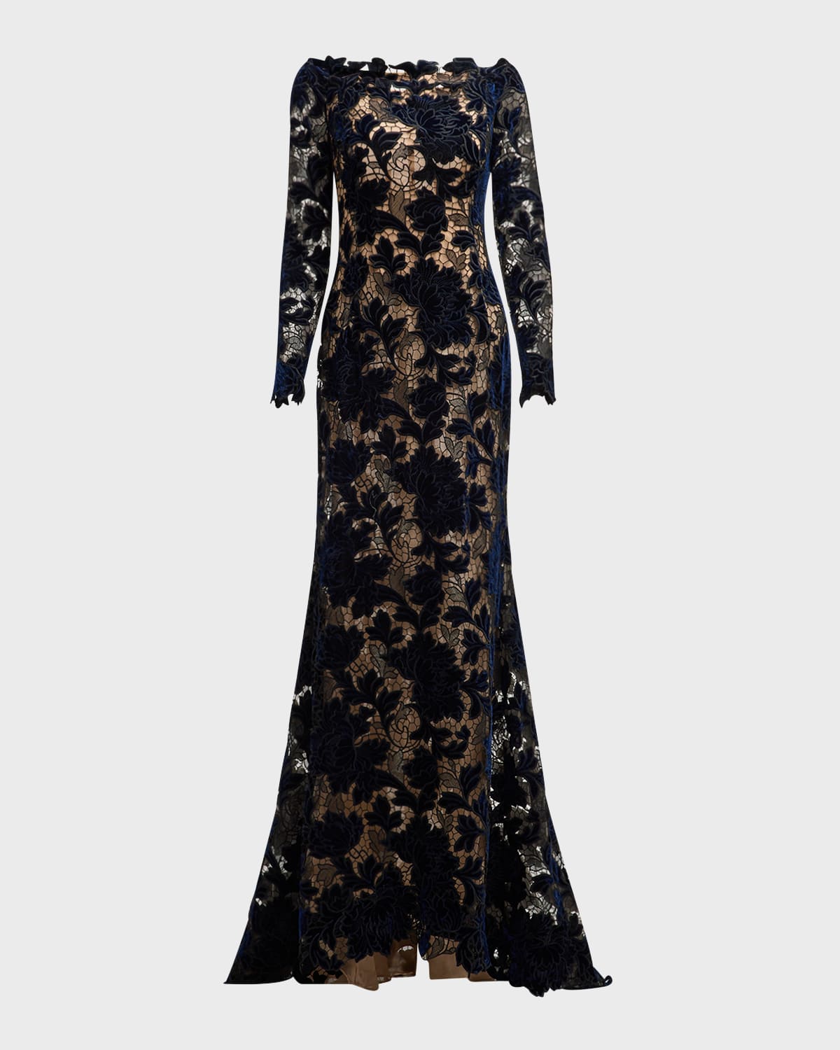 Oscar de la Renta Off-Shoulder Peony Velvet Guipure Lace Gown