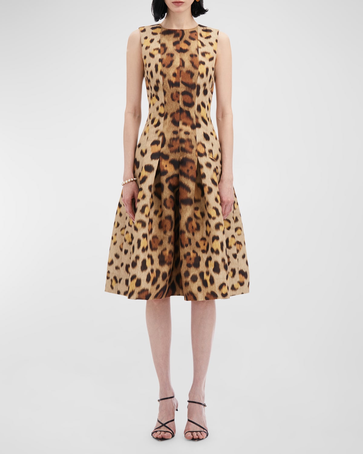 Oscar de la Renta Jewel-Neck Sleeveless Pleated Jaguar Faille Dress