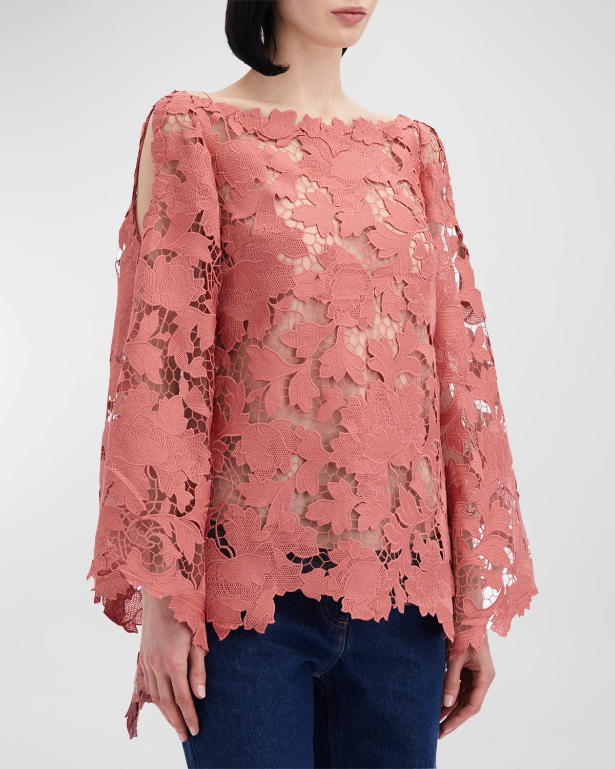 Oscar de la Renta Cold-Shoulder Peony Guipure Blouse