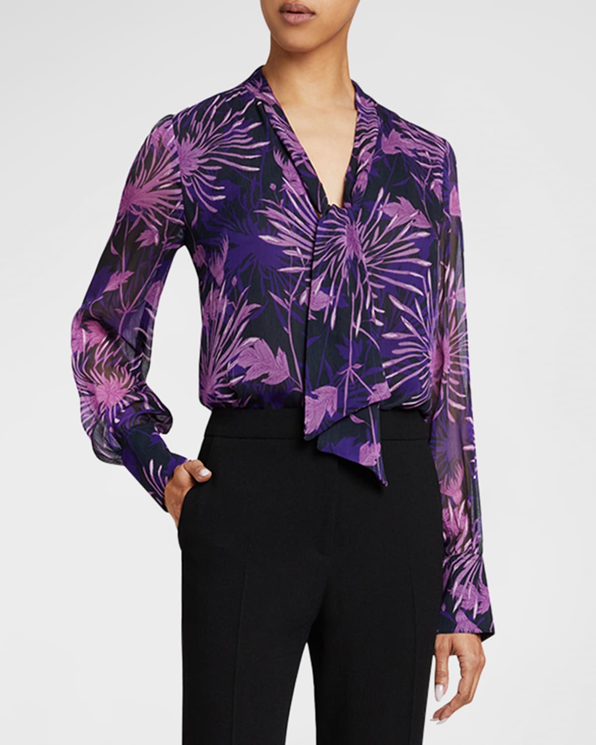 Santorelli Francis Floral-Print Crinkled Georgette Blouse