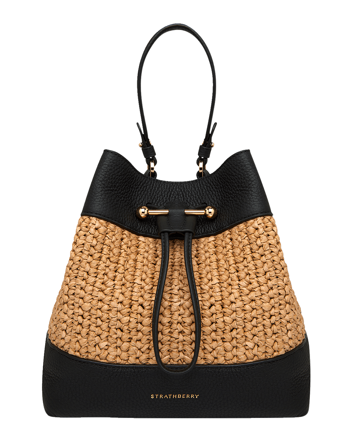 STRATHBERRY Lana Osette Midi Raffia & Leather Bucket Bag