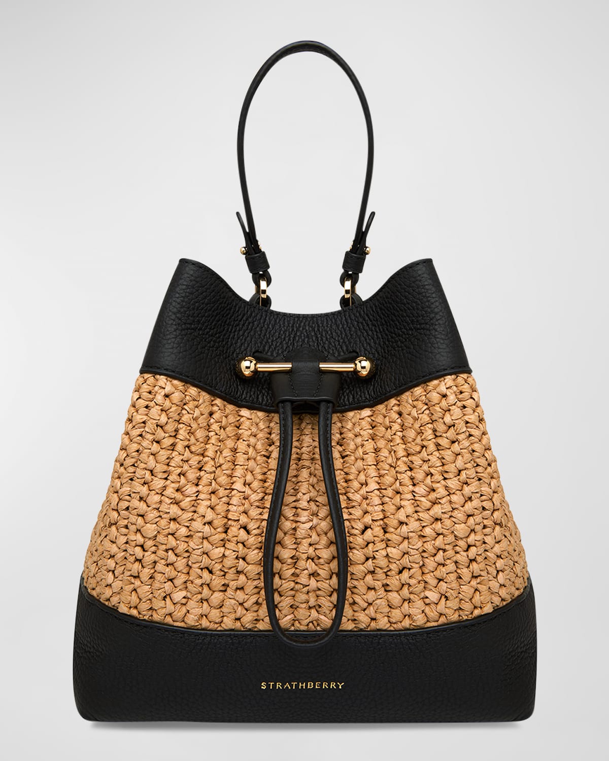 STRATHBERRY Lana Osette Midi Raffia & Leather Bucket Bag