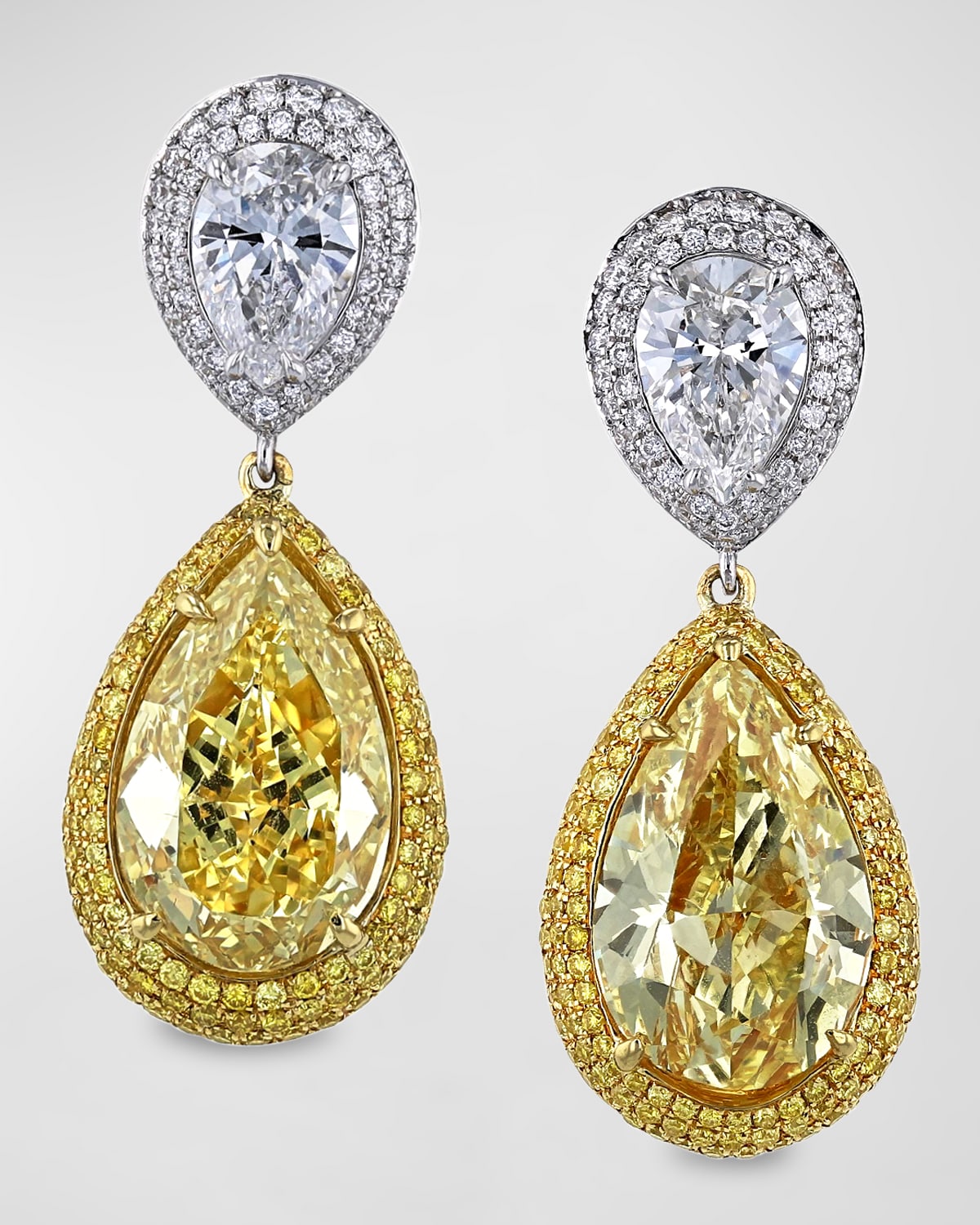Neiman Marcus Diamonds 18K Yellow and White Gold Two-Tone Pear Diamond Drop Earrings, 15.73tcw, 1.32"L x 0.51"W