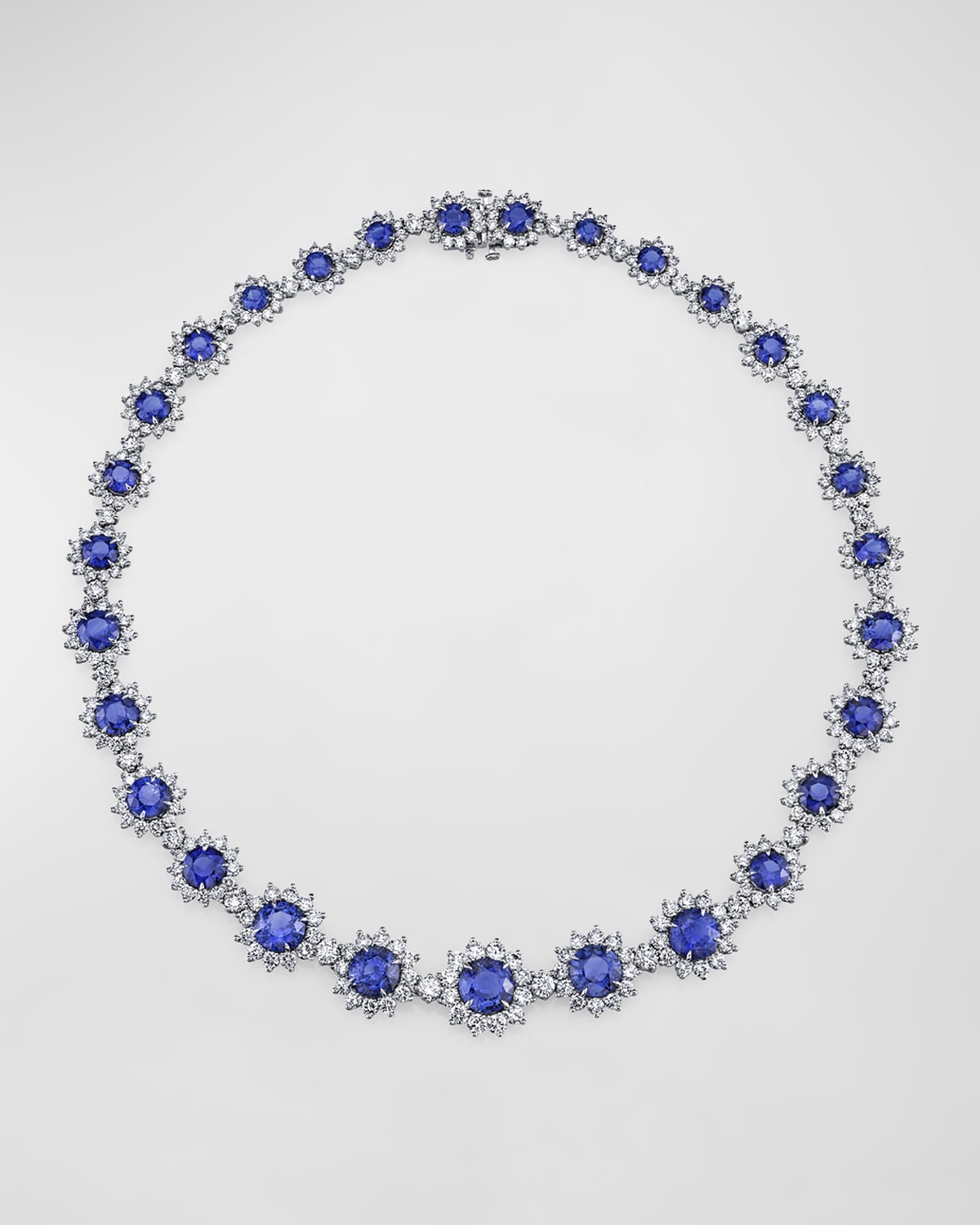 Neiman Marcus Diamonds Platinum Large Round Blue Sapphire Necklace with Diamonds, 16"L, 62.25tcw