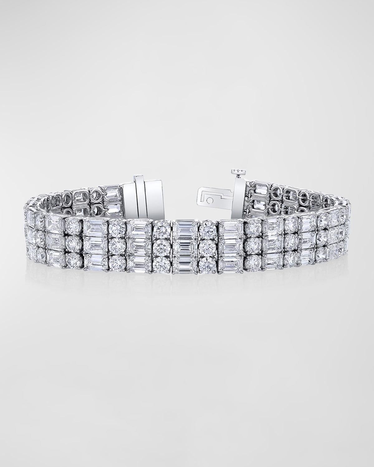 Neiman Marcus Diamonds Platinum Alternating Diamond 3 Row East-West Bracelet, 7", 31.18tcw