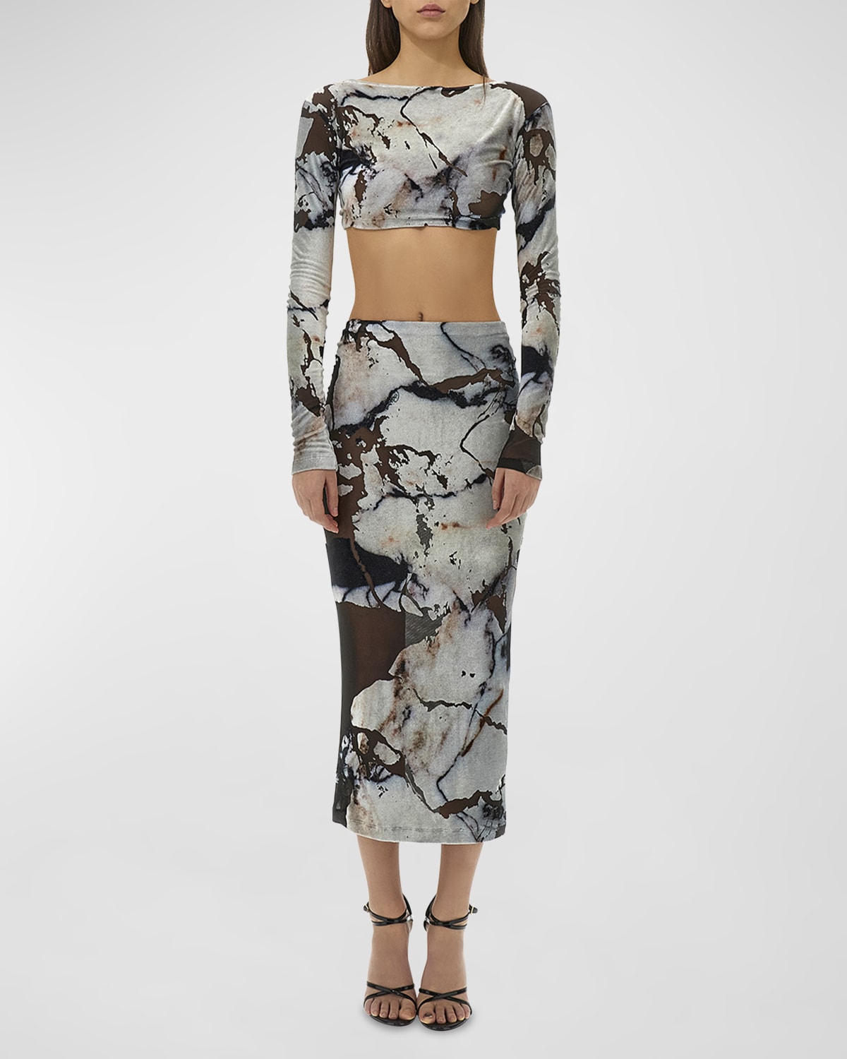 Roberto Cavalli Marble Long-Sleeve 2-Piece Midi Dress