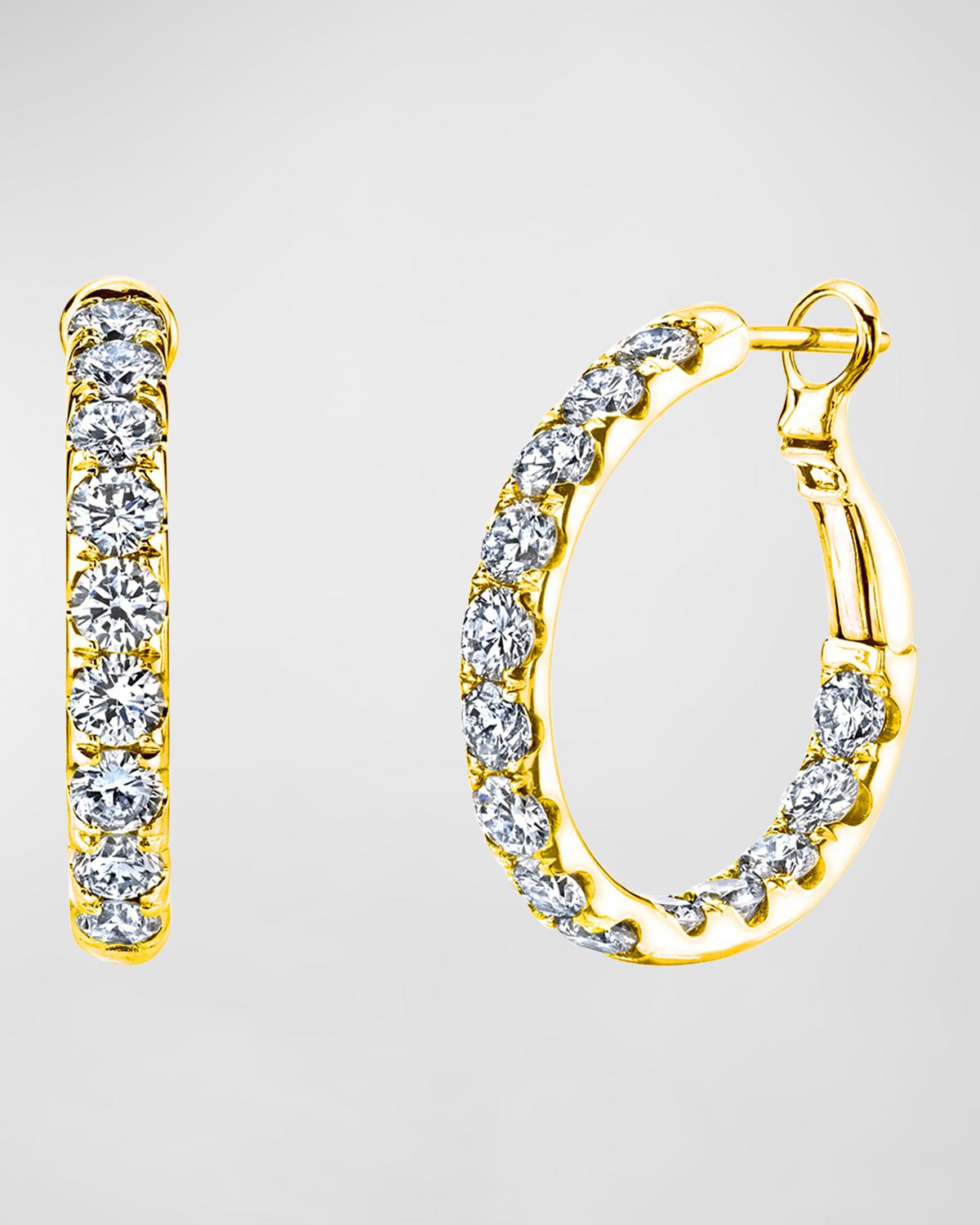 18K Gold Round Diamond Hoop Earrings, 3.9tcw/1"L