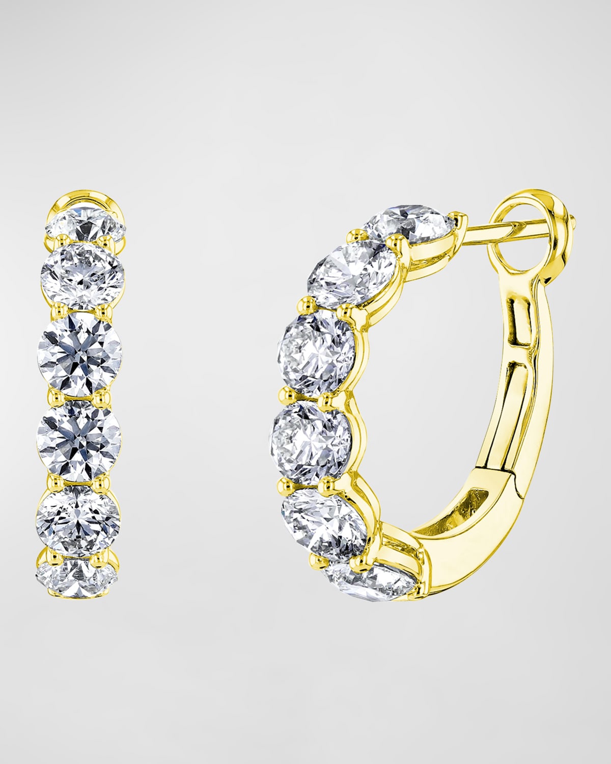 Neiman Marcus Diamonds 18K Gold Round Diamond Halfway Huggie Hoop Earrings, 2.8tcw/0.75"L