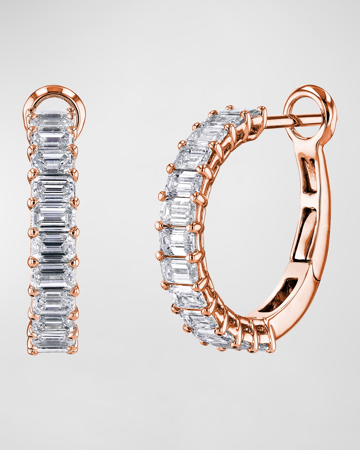 Neiman Marcus Diamonds 18K White Gold Emerald-Cut Diamond Halfway Huggie Hoop Earrings, 2.6tcw/0.75"L