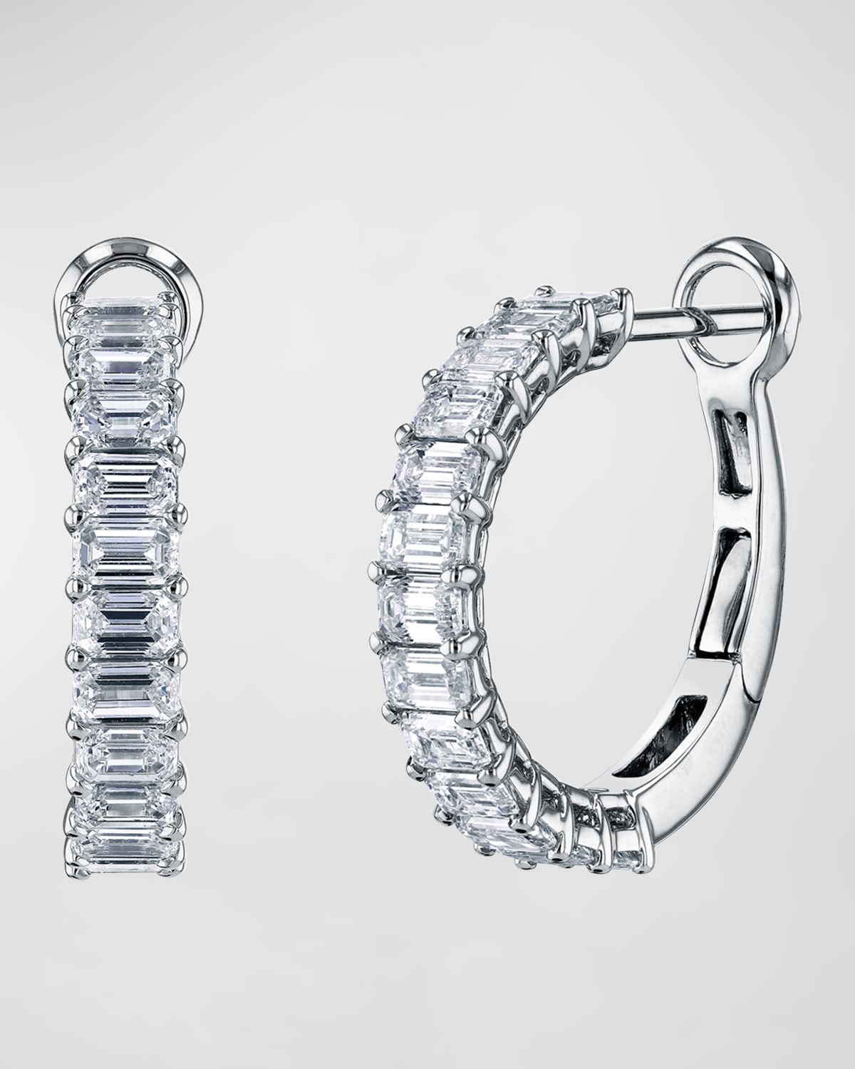 Neiman Marcus Diamonds 18K Gold Emerald-Cut Diamond Halfway Huggie Hoop Earrings, 3.6tcw/0.75"L