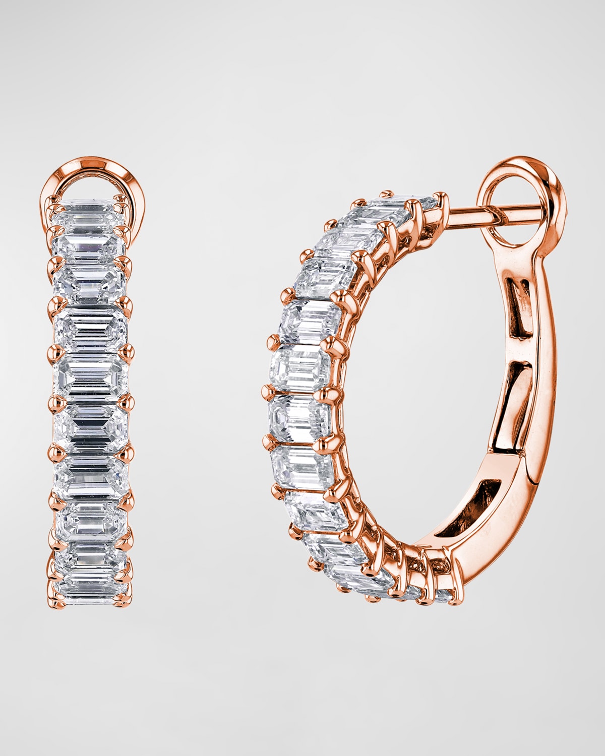 Neiman Marcus Diamonds 18K Gold Emerald-Cut Diamond Halfway Huggie Hoop Earrings, 3.6tcw/0.75"L