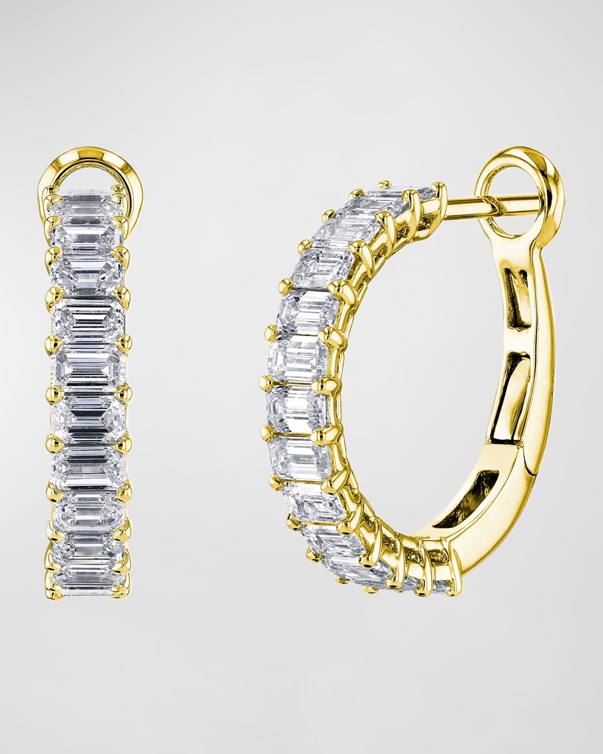 Neiman Marcus Diamonds 18K Gold Emerald-Cut Diamond Halfway Huggie Hoop Earrings, 3.6tcw/0.75"L