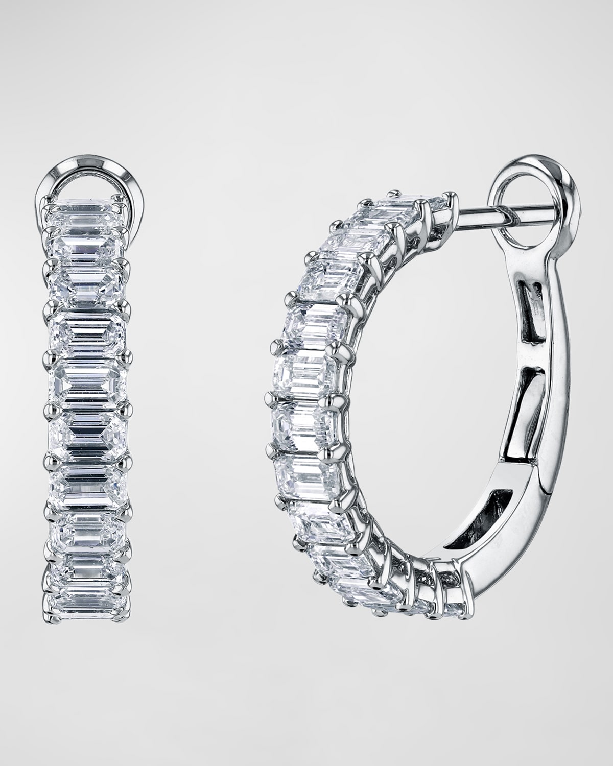 Neiman Marcus Diamonds 18K Gold Emerald-Cut Diamond Halfway Huggie Hoop Earrings, 7tcw/0.75"L