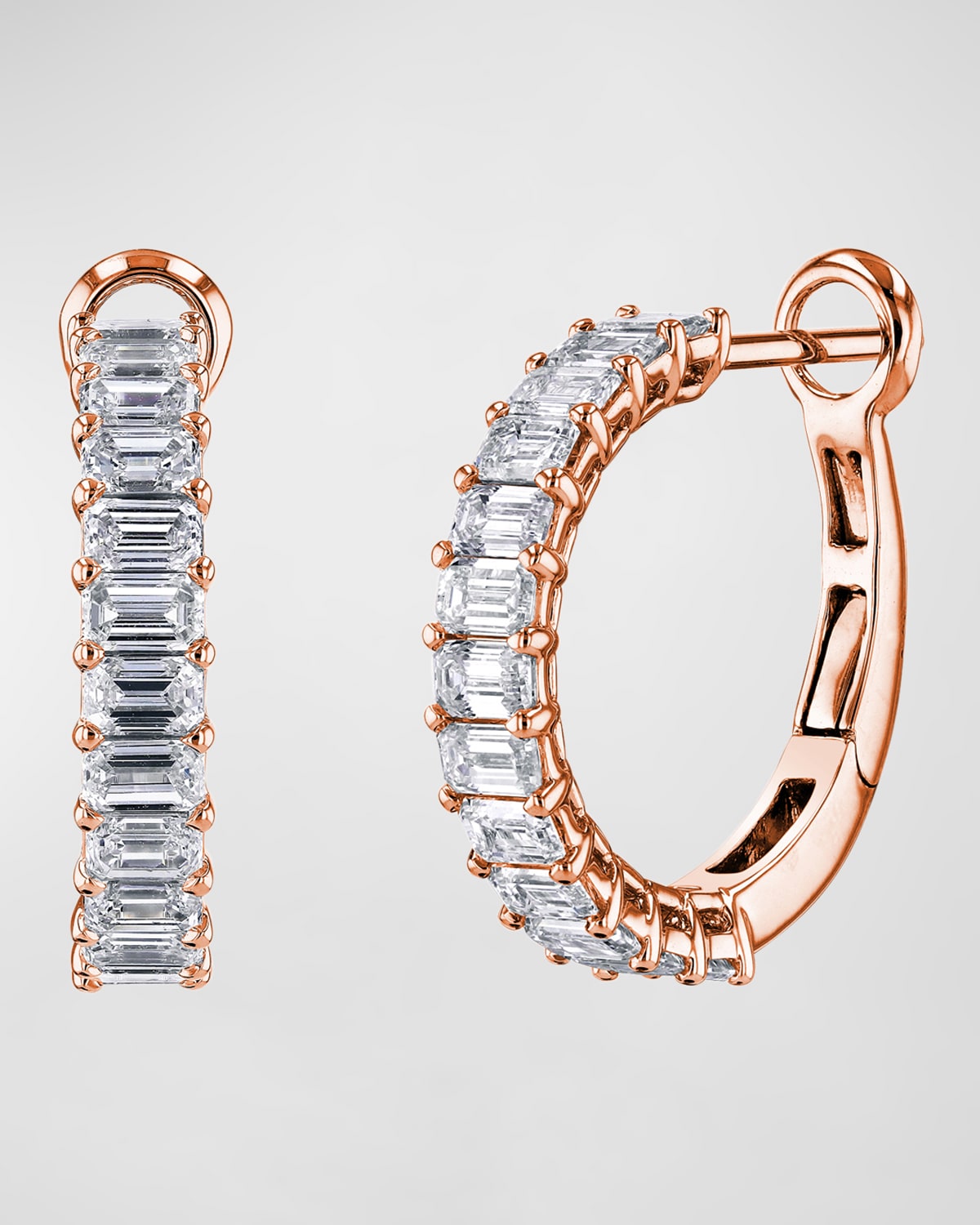 Neiman Marcus Diamonds 18K Gold Emerald-Cut Diamond Halfway Huggie Hoop Earrings, 7tcw/0.75"L