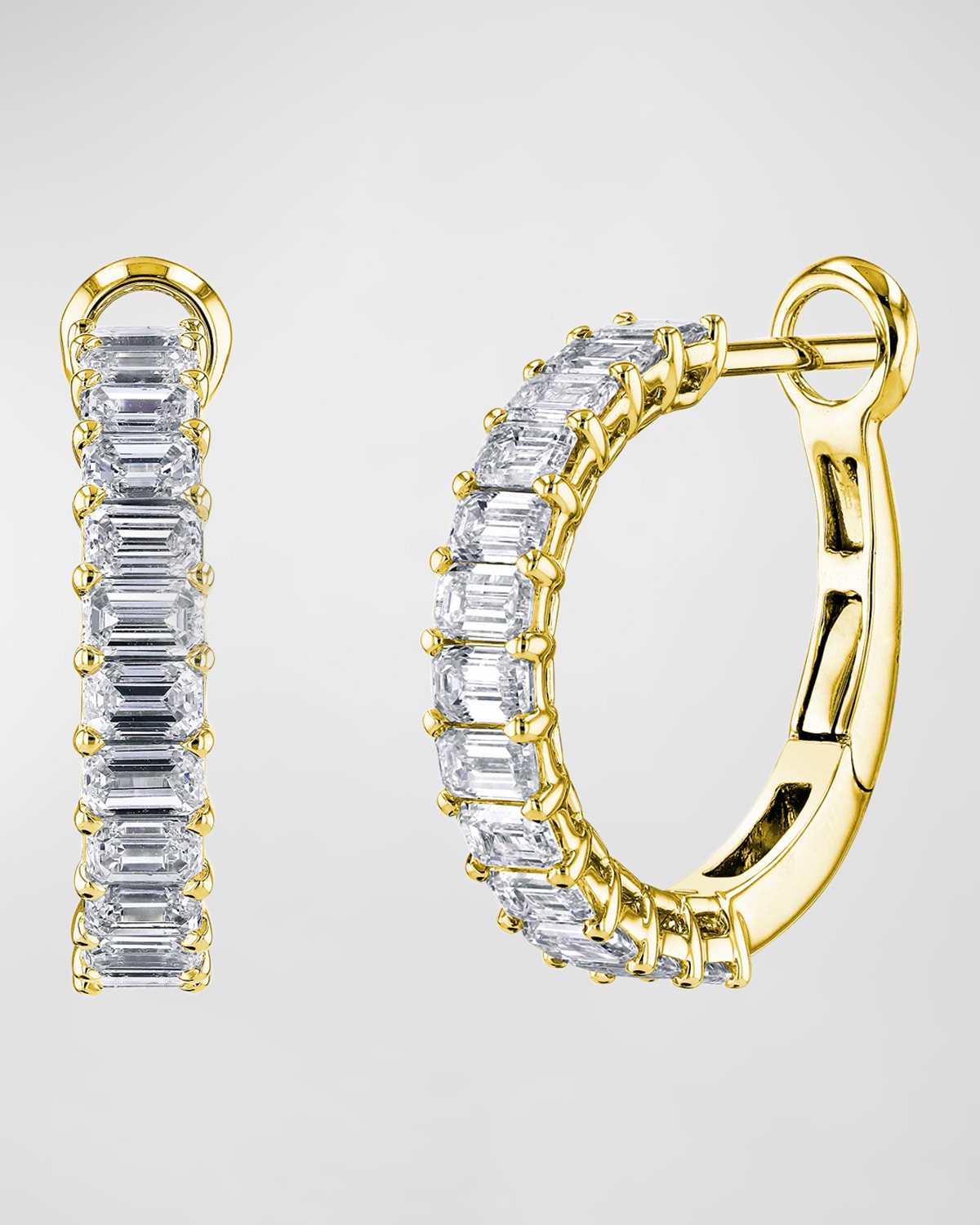 Neiman Marcus Diamonds 18K Gold Emerald-Cut Diamond Halfway Huggie Hoop Earrings, 7tcw/0.75"L