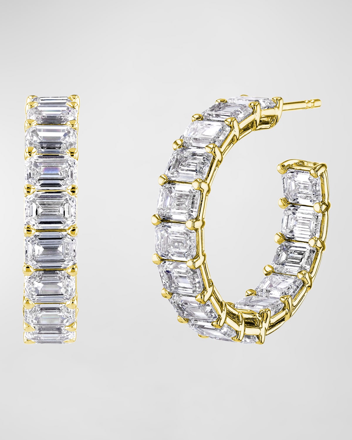 Neiman Marcus Diamonds 18K Gold East-West Emerald-Cut Diamond Hoop Earrings, 5.4tcw/1"L