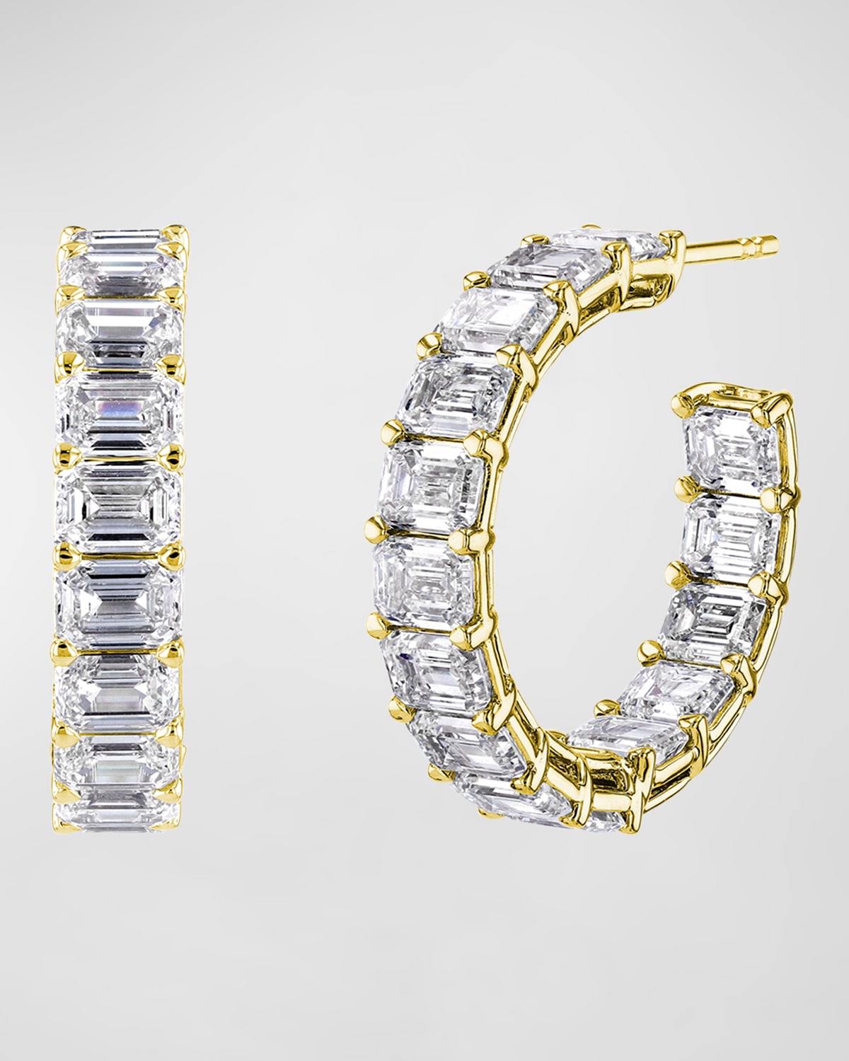 Neiman Marcus Diamonds 18K Gold East-West Emerald-Cut Diamond Hoop Earrings, 9tcw/1"L