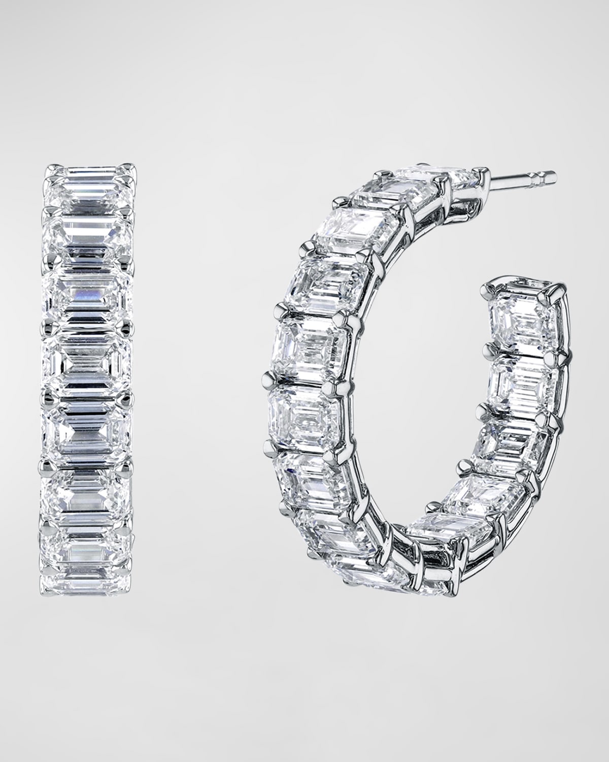 Neiman Marcus Diamonds 18K Gold East-West Emerald-Cut Diamond Hoop Earrings, 7.25tcw/0.75"L