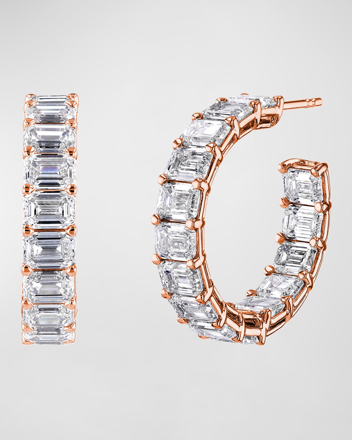 Neiman Marcus Diamonds 18K Gold East-West Emerald-Cut Diamond Hoop Earrings, 7.25tcw/0.75"L