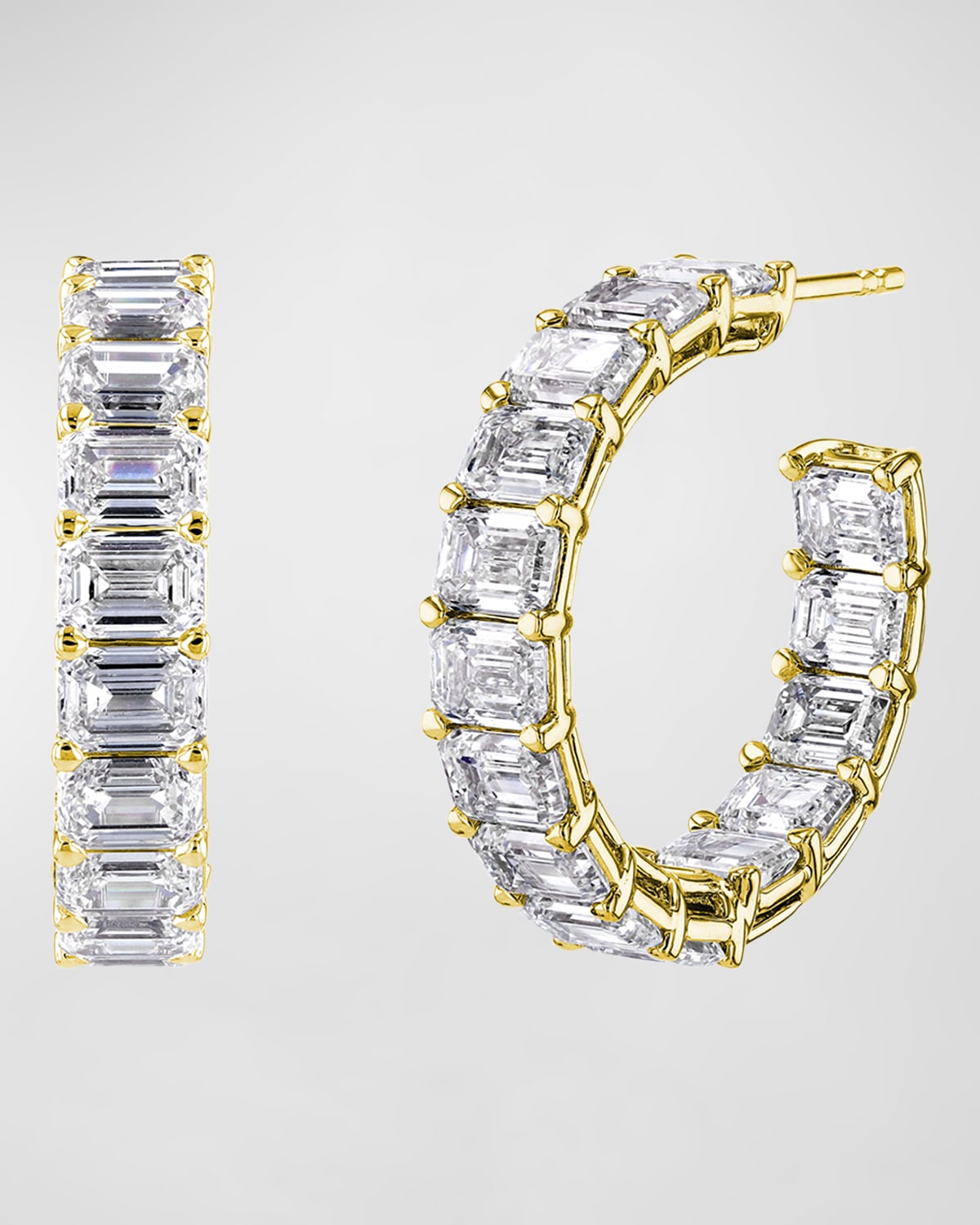 Neiman Marcus Diamonds 18K Gold East-West Emerald-Cut Diamond Hoop Earrings, 7.25tcw/0.75"L
