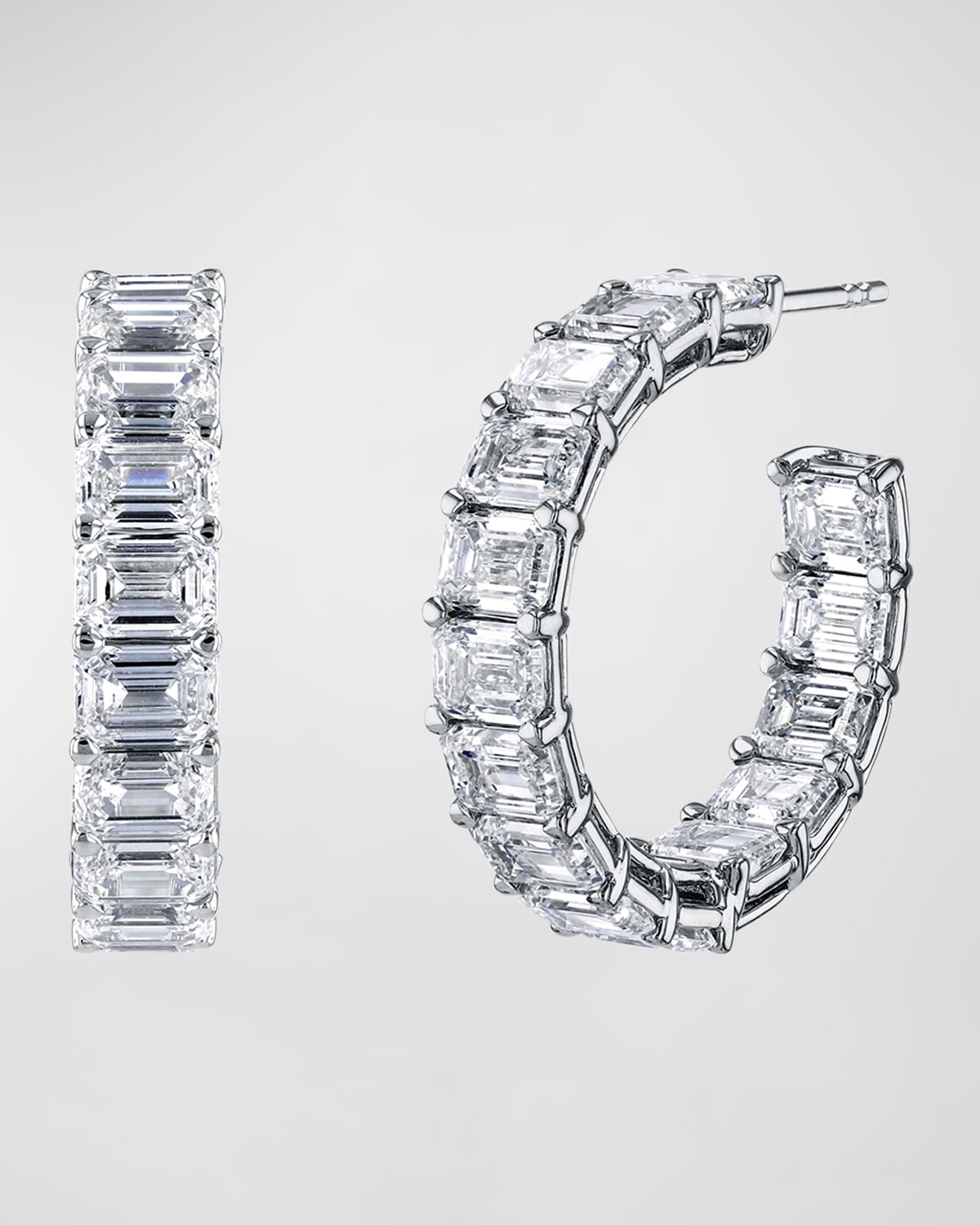 Neiman Marcus Diamonds 18K Gold East-West Emerald-Cut Diamond Hoop Earrings, 10.55tcw/1"L