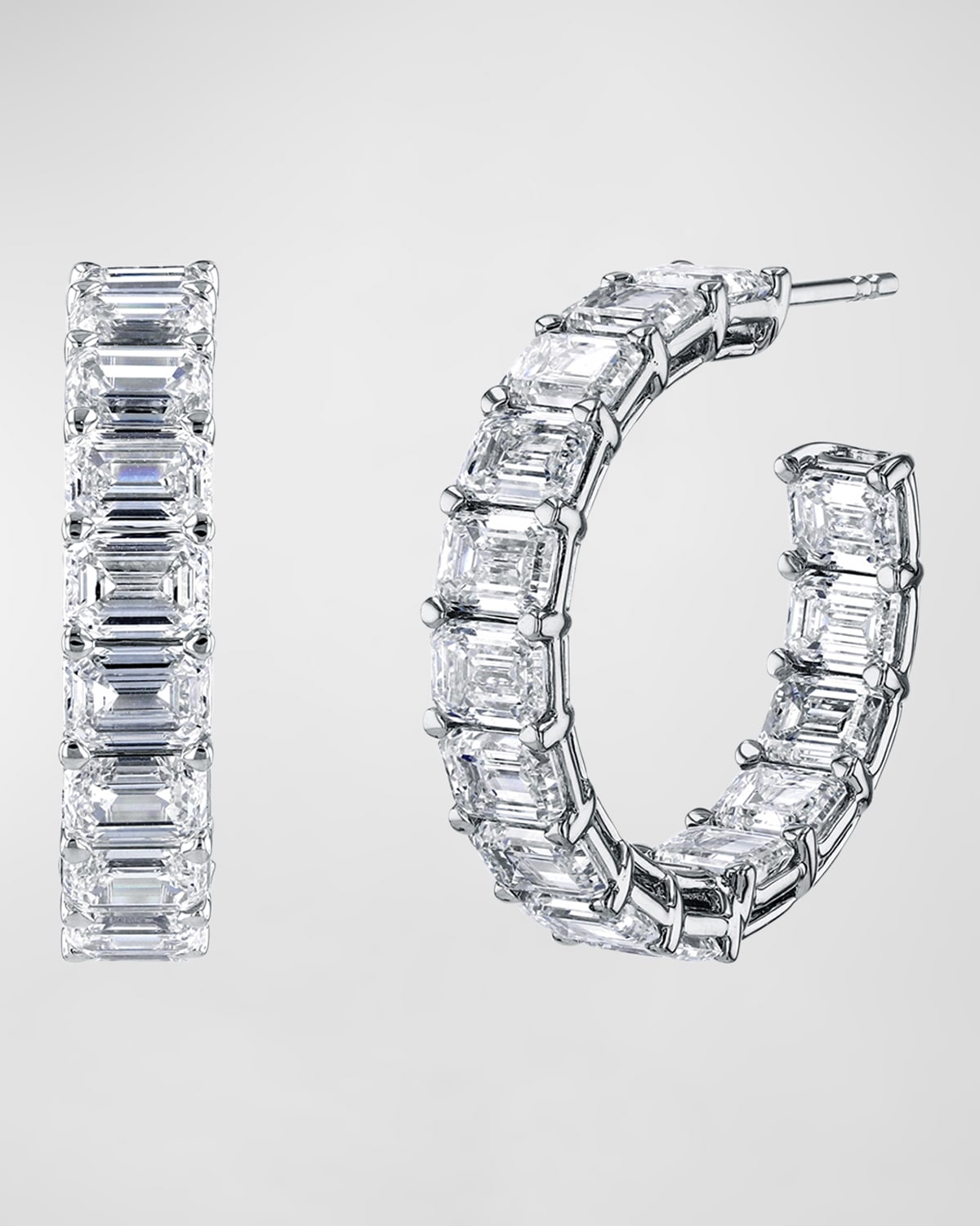Neiman Marcus Diamonds 18K Gold East-West Emerald-Cut Diamond Hoop Earrings, 10tcw/0.75"L