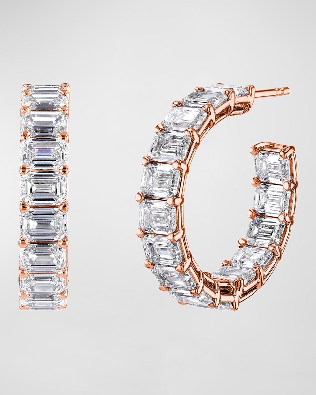 18K Gold East-West Emerald-Cut Diamond Hoop Earrings, 10tcw/0.75"L