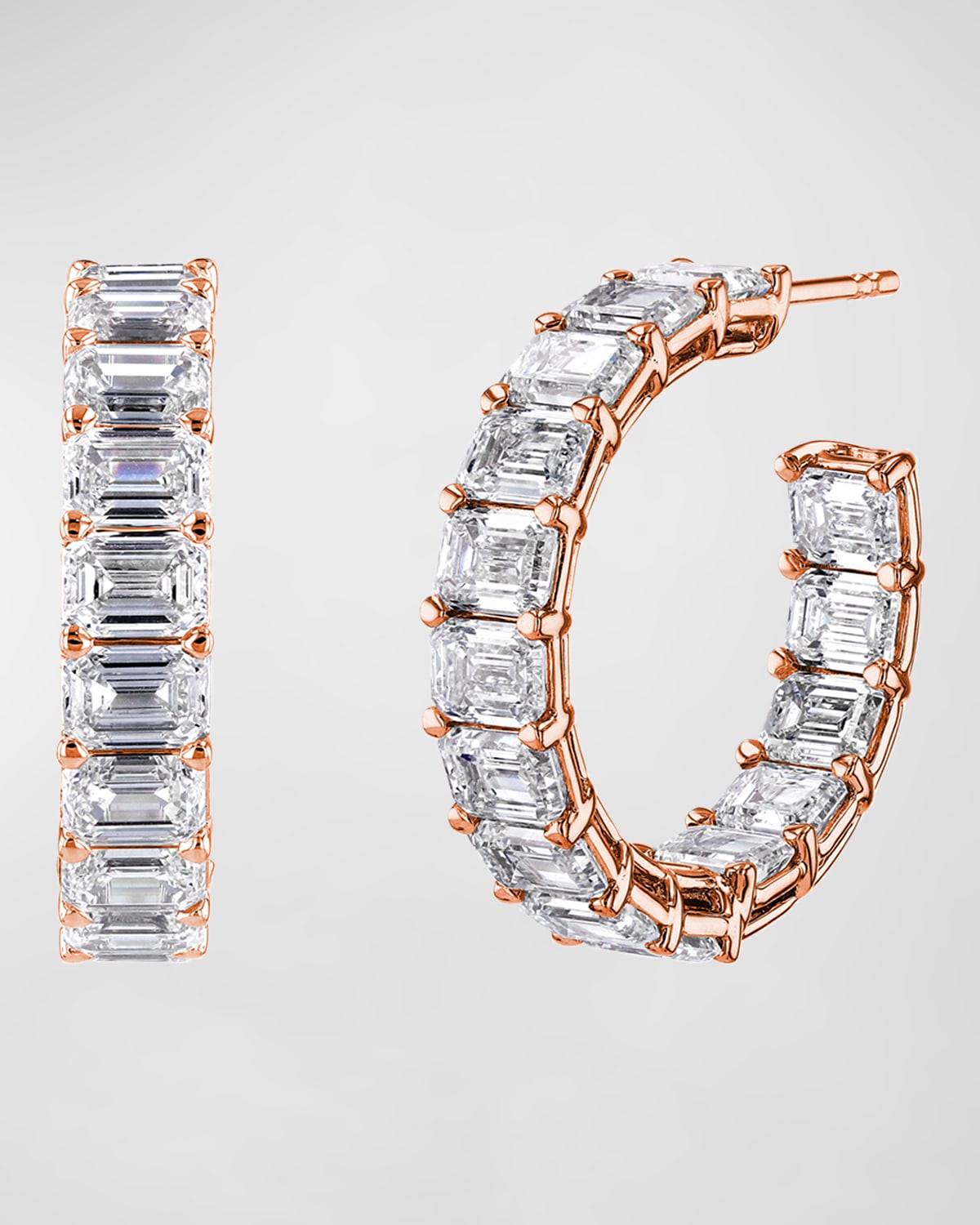 Neiman Marcus Diamonds 18K Gold East-West Emerald-Cut Diamond Hoop Earrings, 10tcw/0.75"L