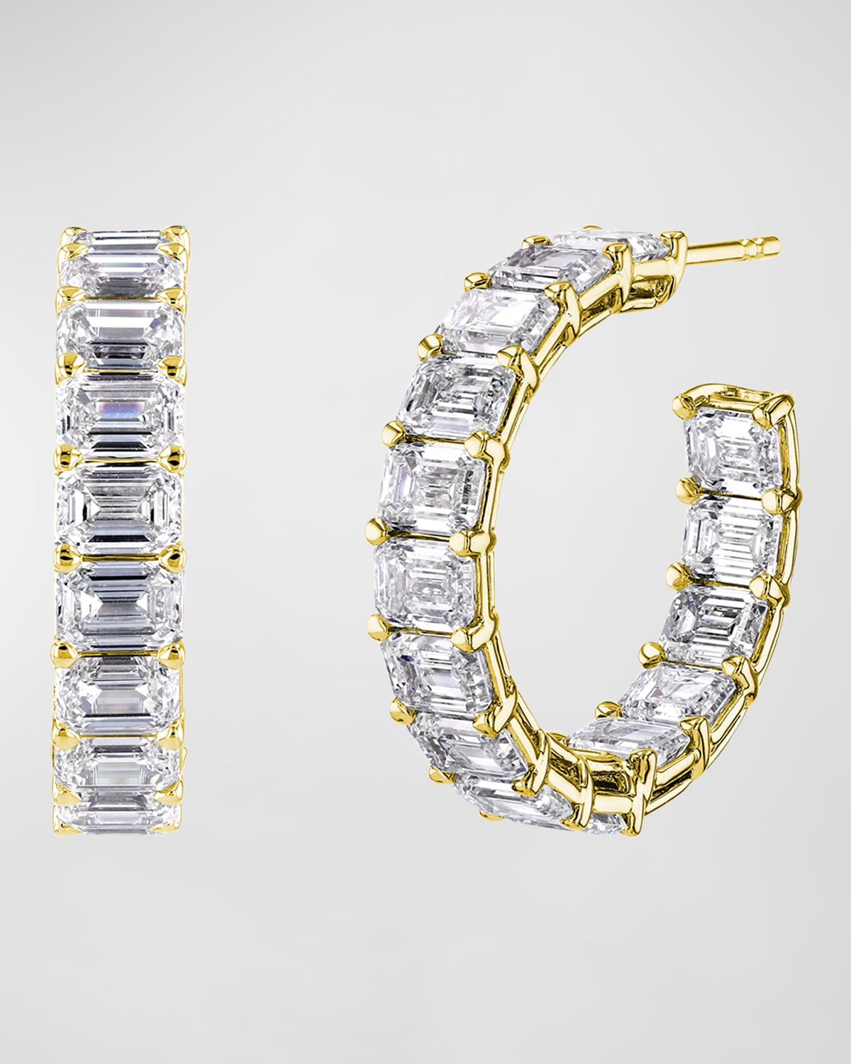 Neiman Marcus Diamonds 18K Gold East-West Emerald-Cut Diamond Hoop Earrings, 10tcw/0.75"L