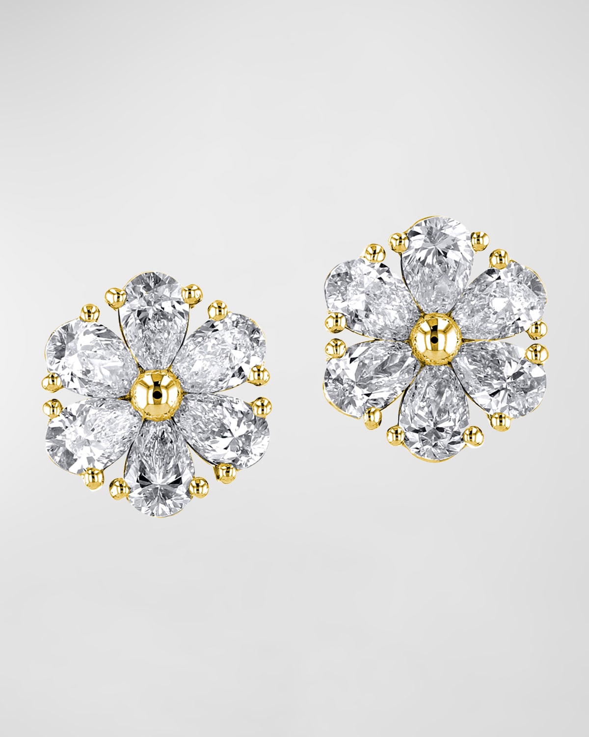 Neiman Marcus Diamonds 18K Gold Pear-Shaped Diamond Flower Stud Earrings, 2.4tcw, 0.45"L / 0.45"W