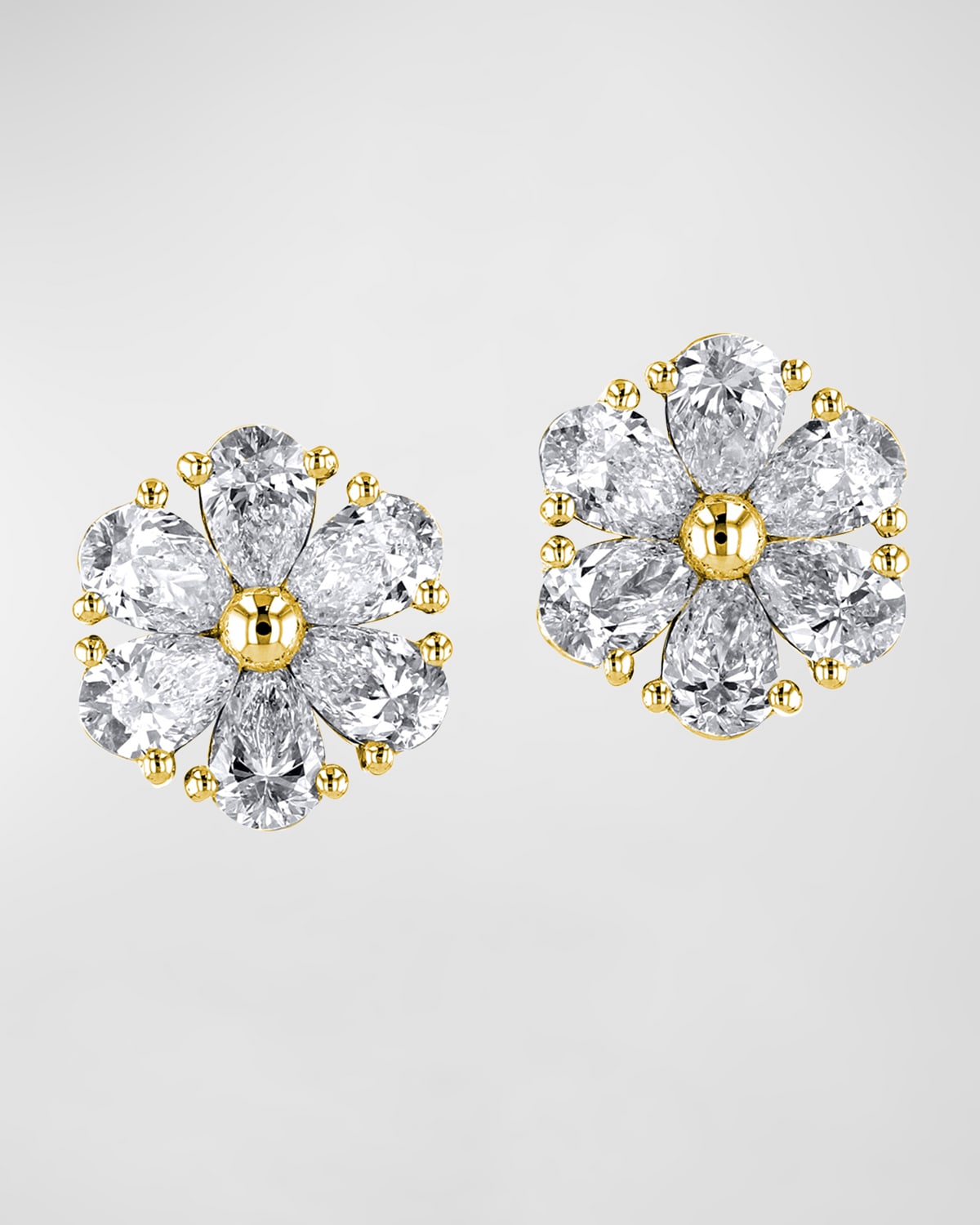 Neiman Marcus Diamonds 18K Gold Pear-Shaped Diamond Flower Stud Earrings, 6tcw, 0.59"L / 0.59"W