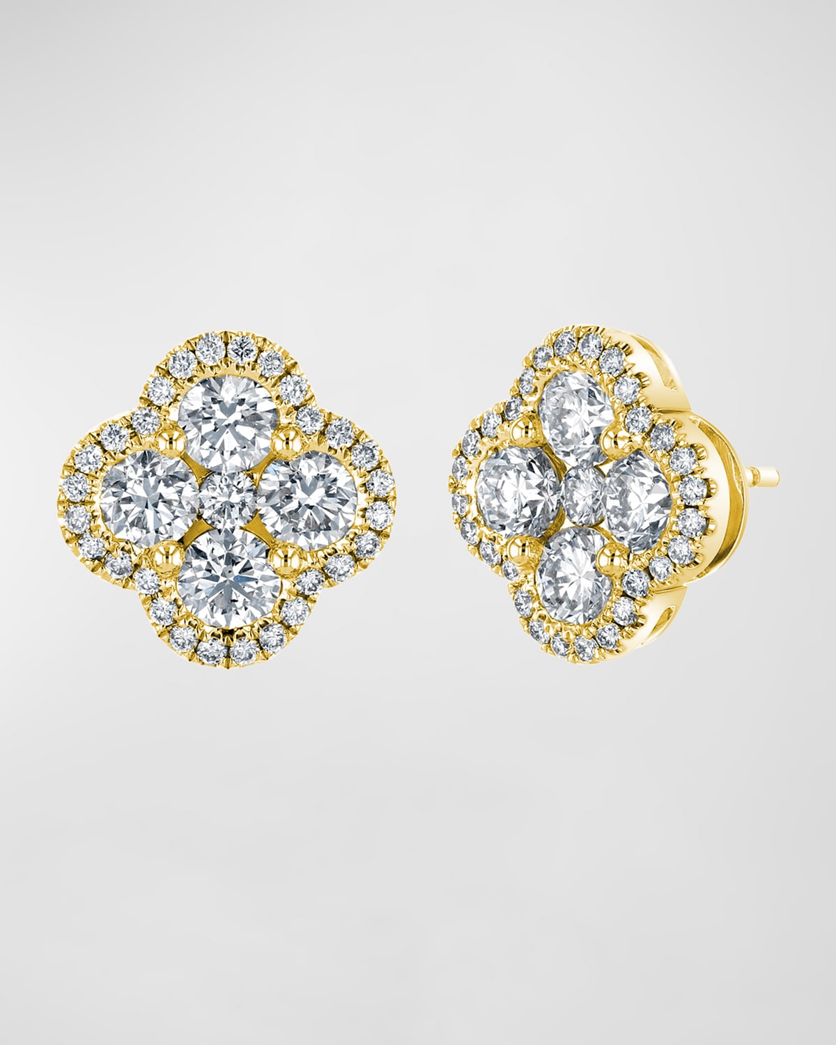 Neiman Marcus Diamonds 18K Gold Diamond Clover Halo Stud Earrings, 1.9tcw, 0.41" / 0.41"W