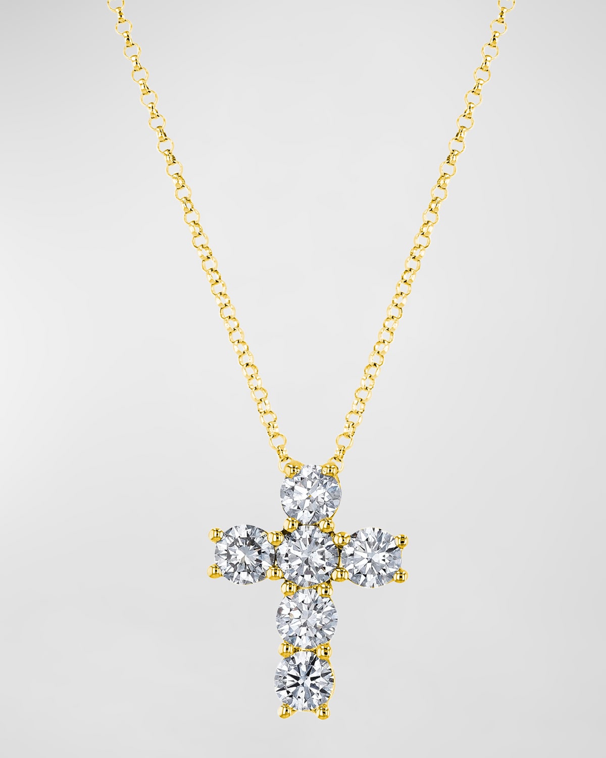 Neiman Marcus Diamonds 18K Gold 6-Stone Shared Prong Round Diamond Cross Necklace, 1.50tcw, 16"L