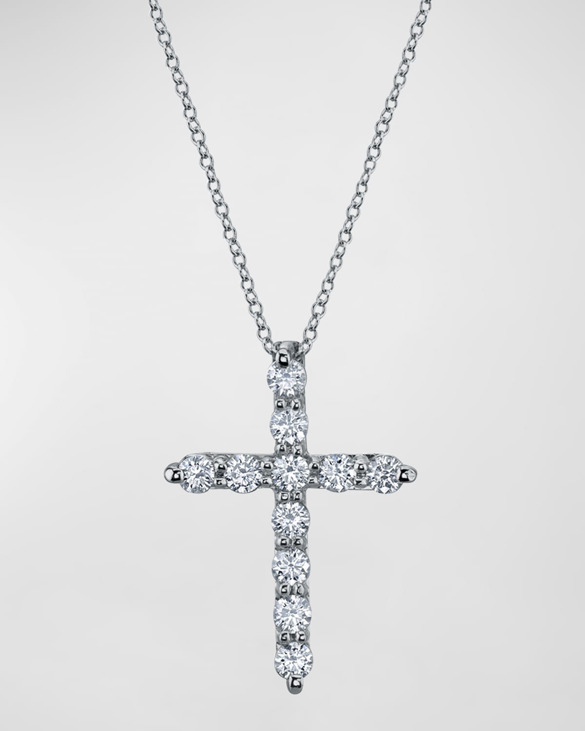 Neiman Marcus Diamonds 18K Gold 11-Stone Shared Prong Round Diamond Cross Necklace, 16"L, 0.50tcw