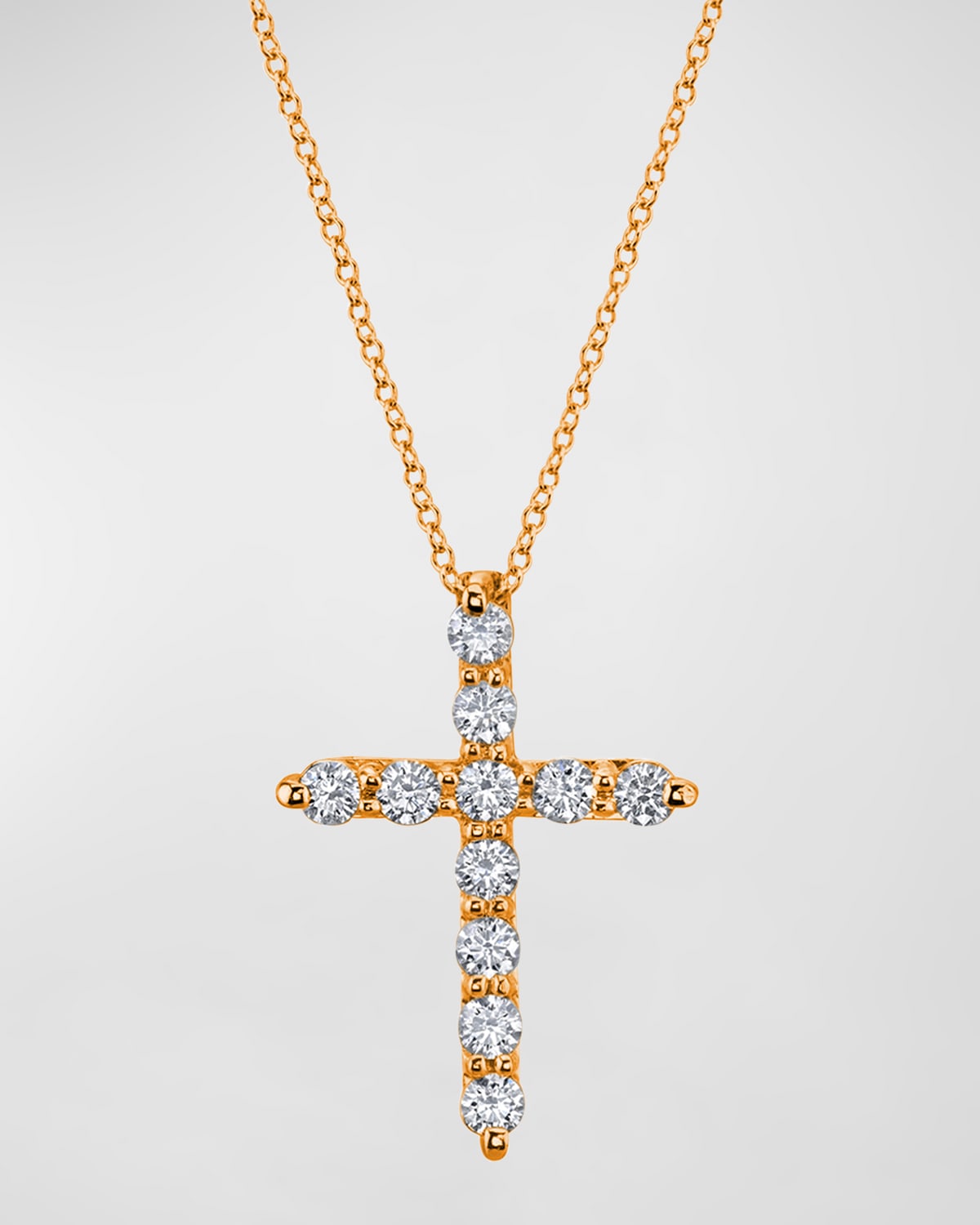 Neiman Marcus Diamonds 18K Gold 11-Stone Shared Prong Round Diamond Cross Necklace, 16"L, 0.50tcw