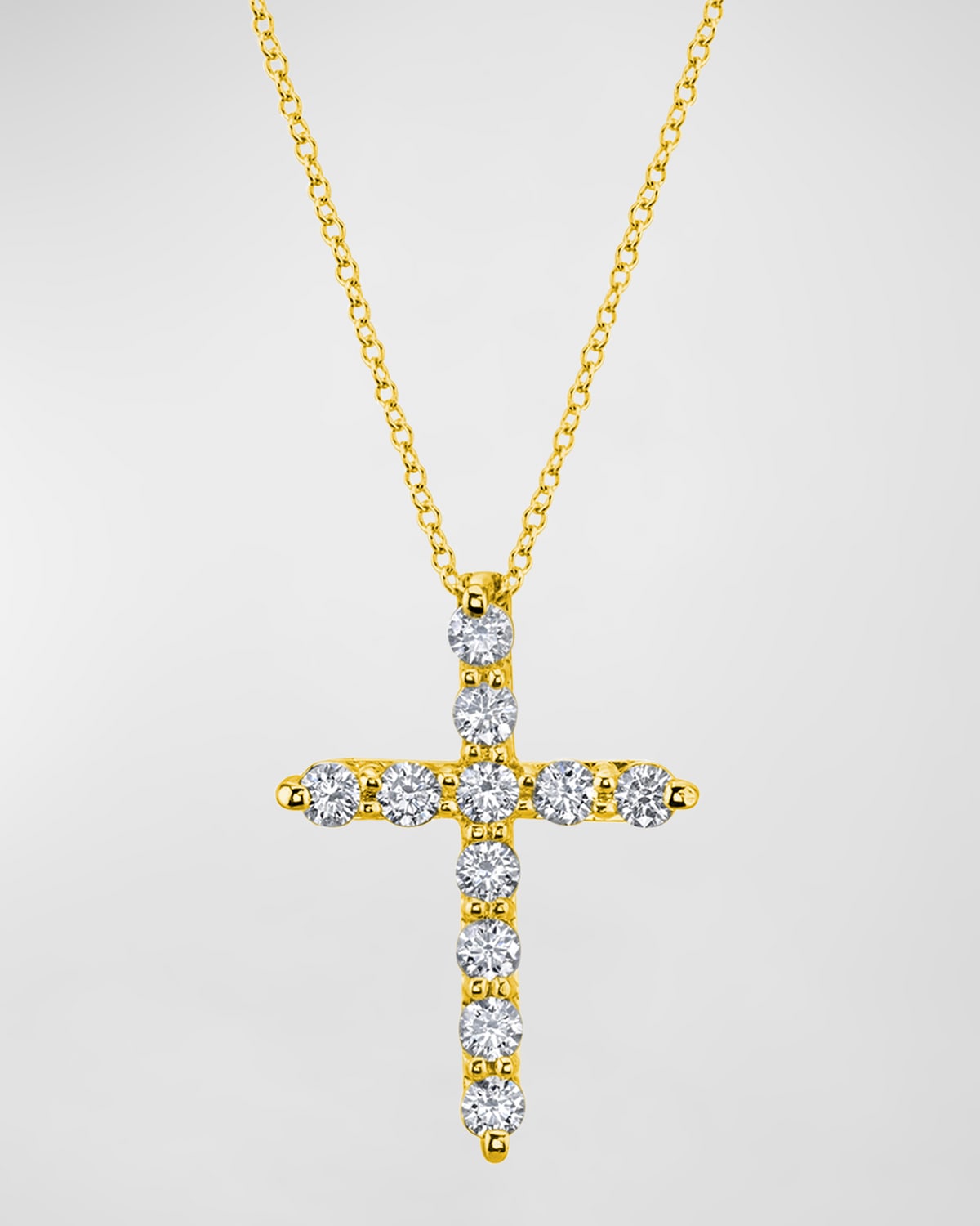 Neiman Marcus Diamonds 18K Gold 11-Stone Shared Prong Round Diamond Cross Necklace, 16"L, 0.50tcw