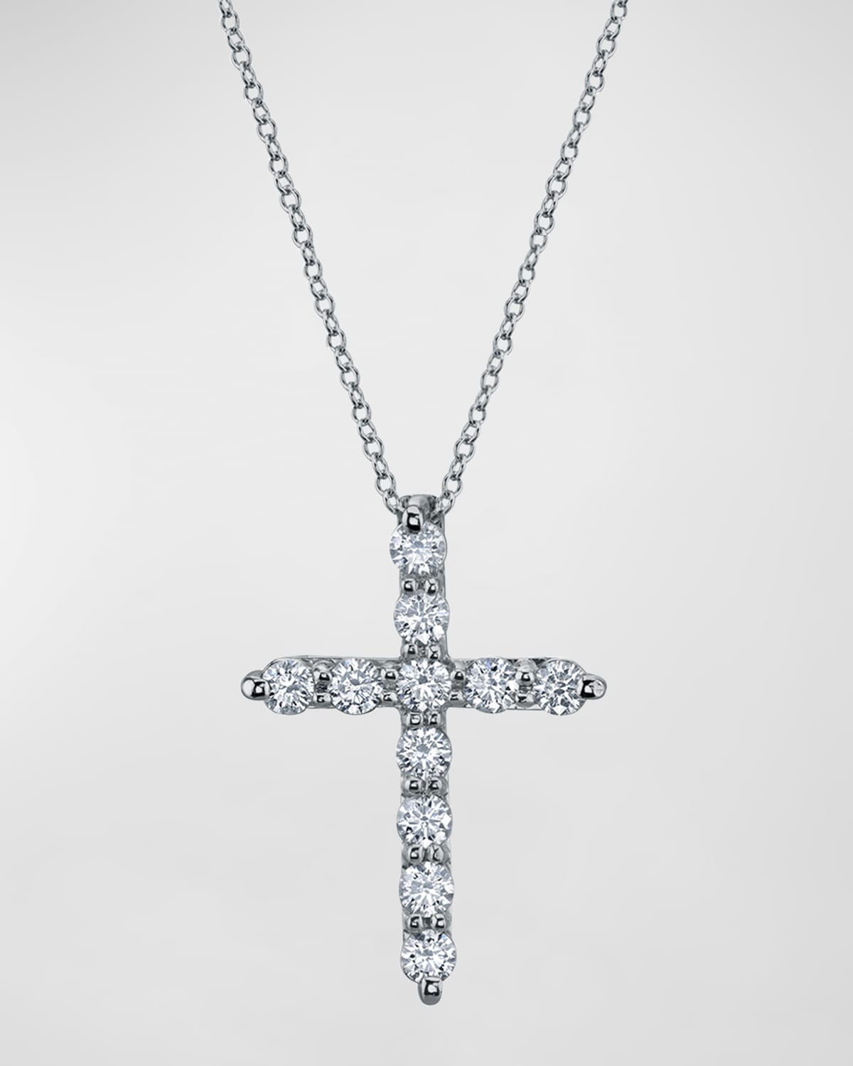 Neiman Marcus Diamonds 18K Gold 11-Stone Shared Prong Round Diamond Cross 16" Necklace, 1.50tcw