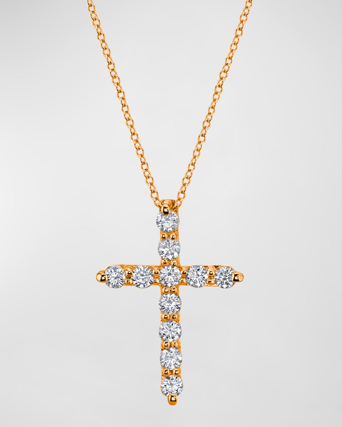 Neiman Marcus Diamonds 18K Gold 11-Stone Shared Prong Round Diamond Cross 16" Necklace, 1.50tcw