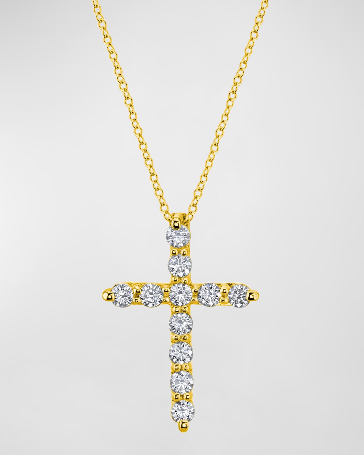 Neiman Marcus Diamonds 18K Gold 11-Stone Shared Prong Round Diamond Cross 16" Necklace, 1.50tcw