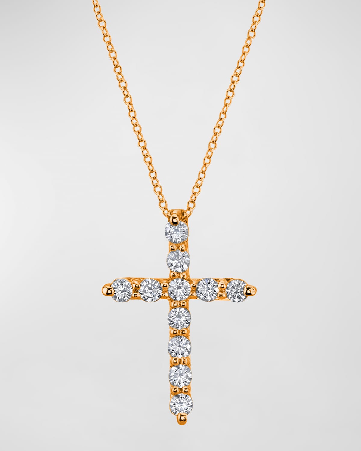 Neiman Marcus Diamonds 18K Gold 11-Stone Shared Prong Round Diamond Cross 16" Necklace, 2.30tcw