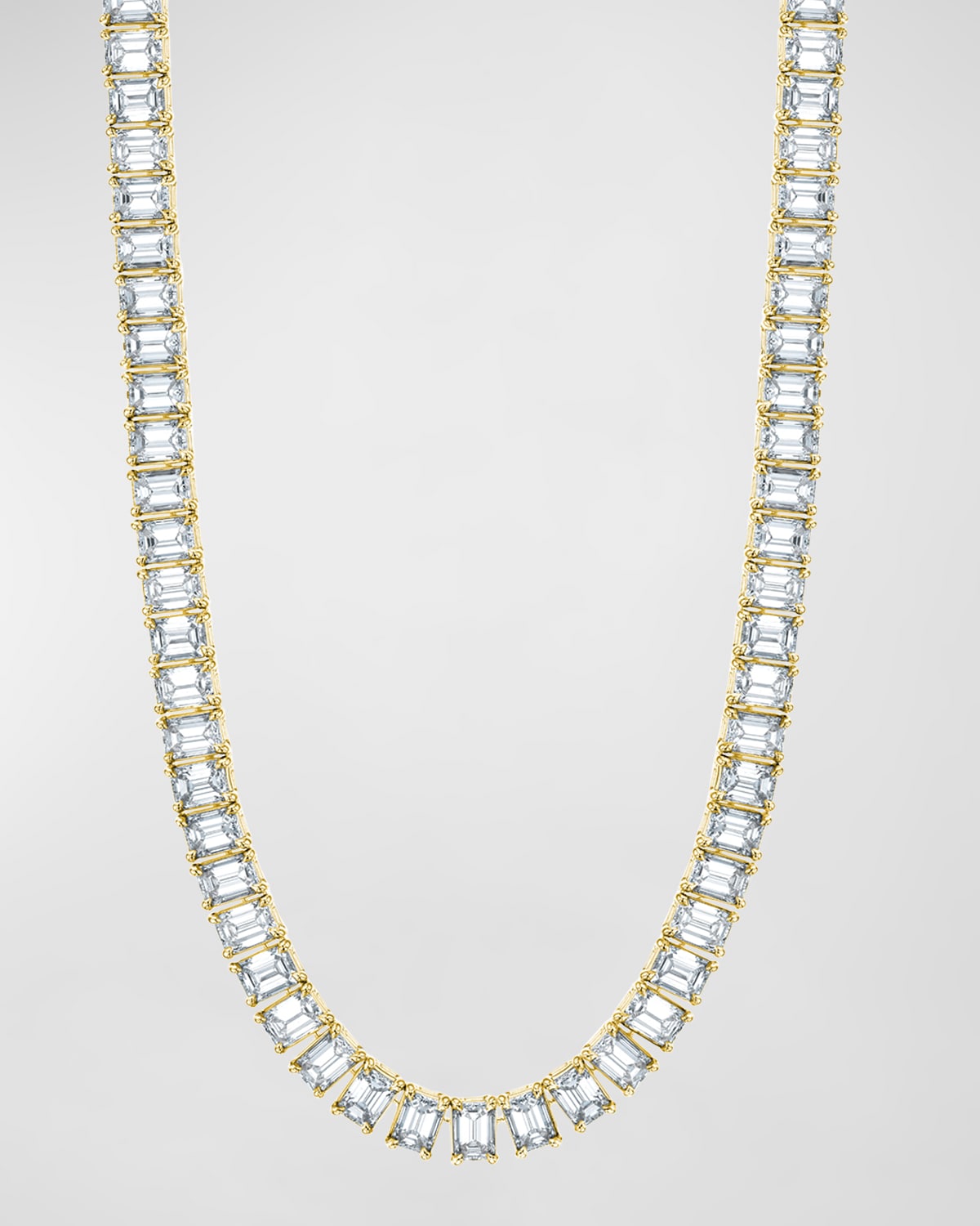Neiman Marcus Diamonds 18K Gold 16" North South Prong Set Emerald-Cut Diamond Tennis Necklace, 26.60tcw