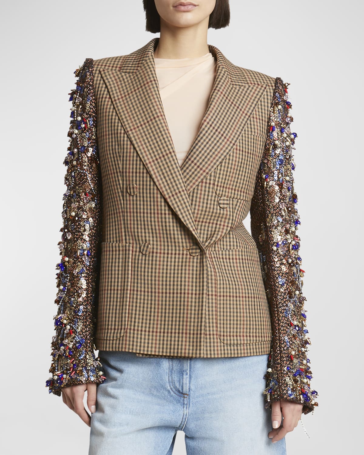 Dries Van Noten Beaume Embellished-Sleeve Double-Breasted Check Jacket