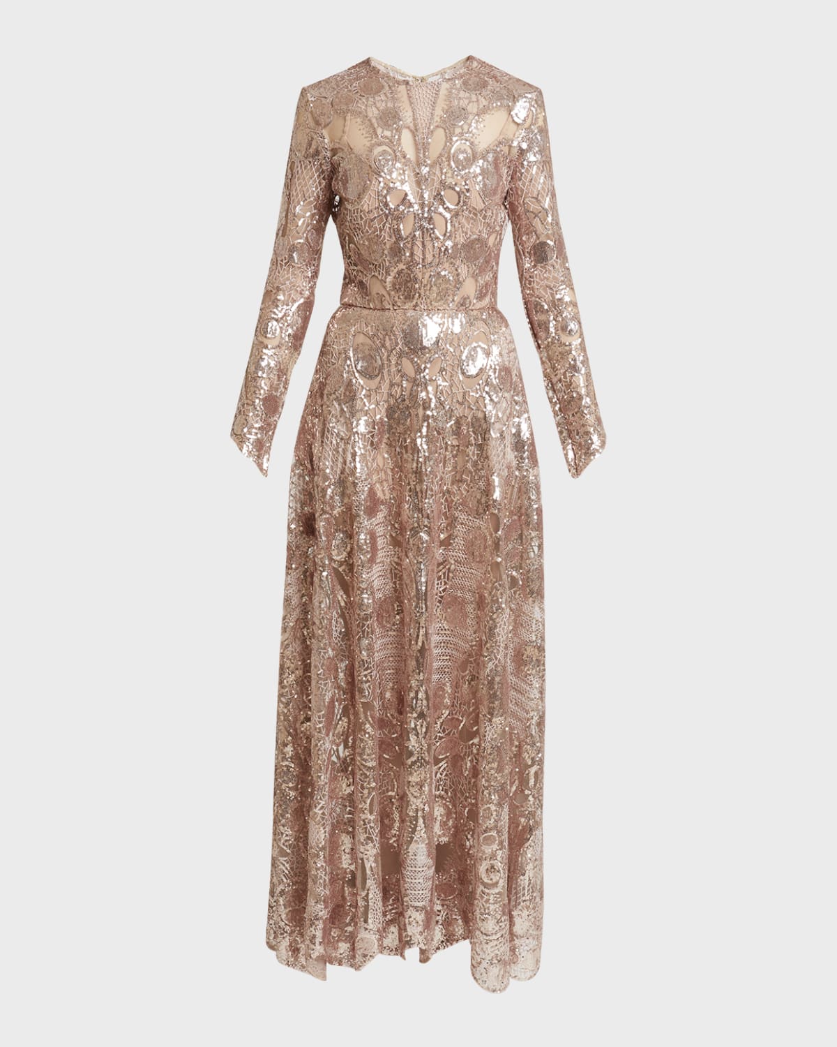 Elie Saab Sequin Embroidered Tulle Long-Sleeve Gown