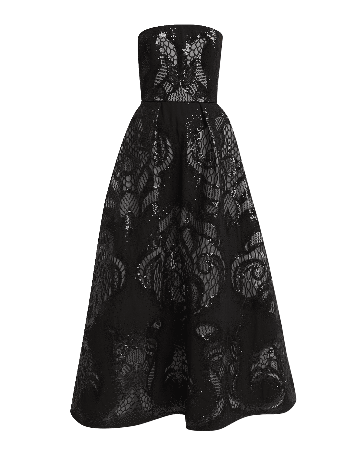 Elie Saab Strapless Sequin Lace Embroidered Tulle Midi Dress