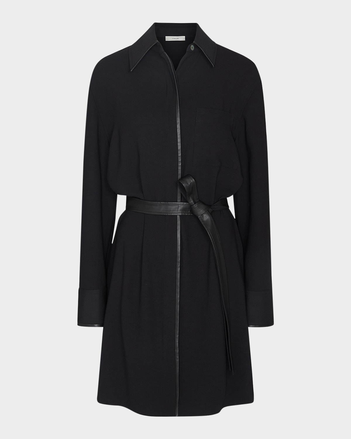 Vince Leather-Trim Belted Knee-Length Shirtdress