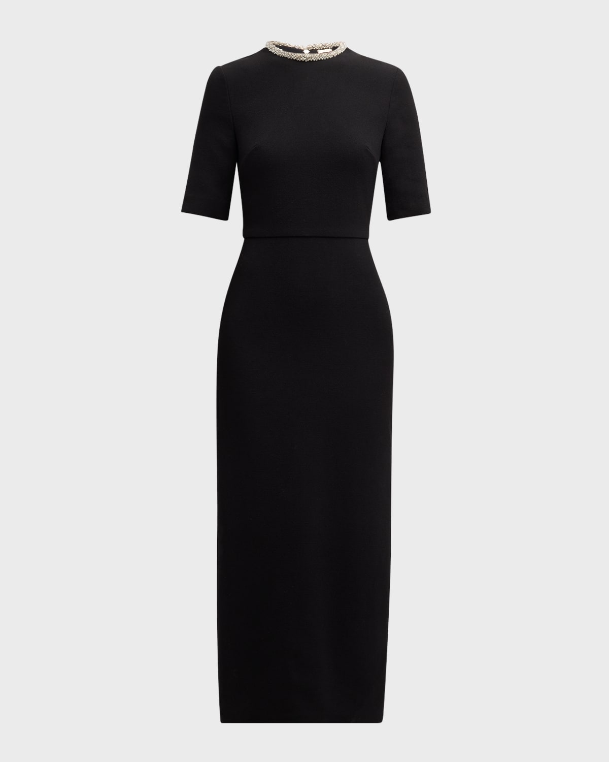 Adam Lippes Crystal Neck Short-Sleeve Wool Crepe Midi Dress