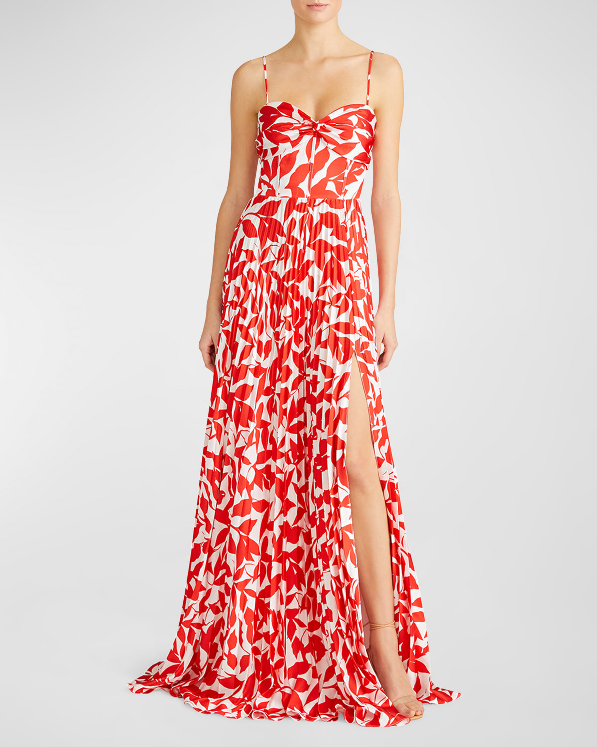 Monique Lhuillier Cameron Pleated Floral-Print Sweetheart Gown