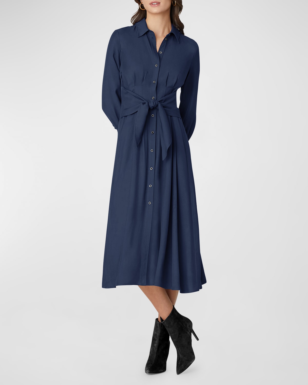 Shoshanna Andy Pleated Tie-Waist Midi Shirtdress