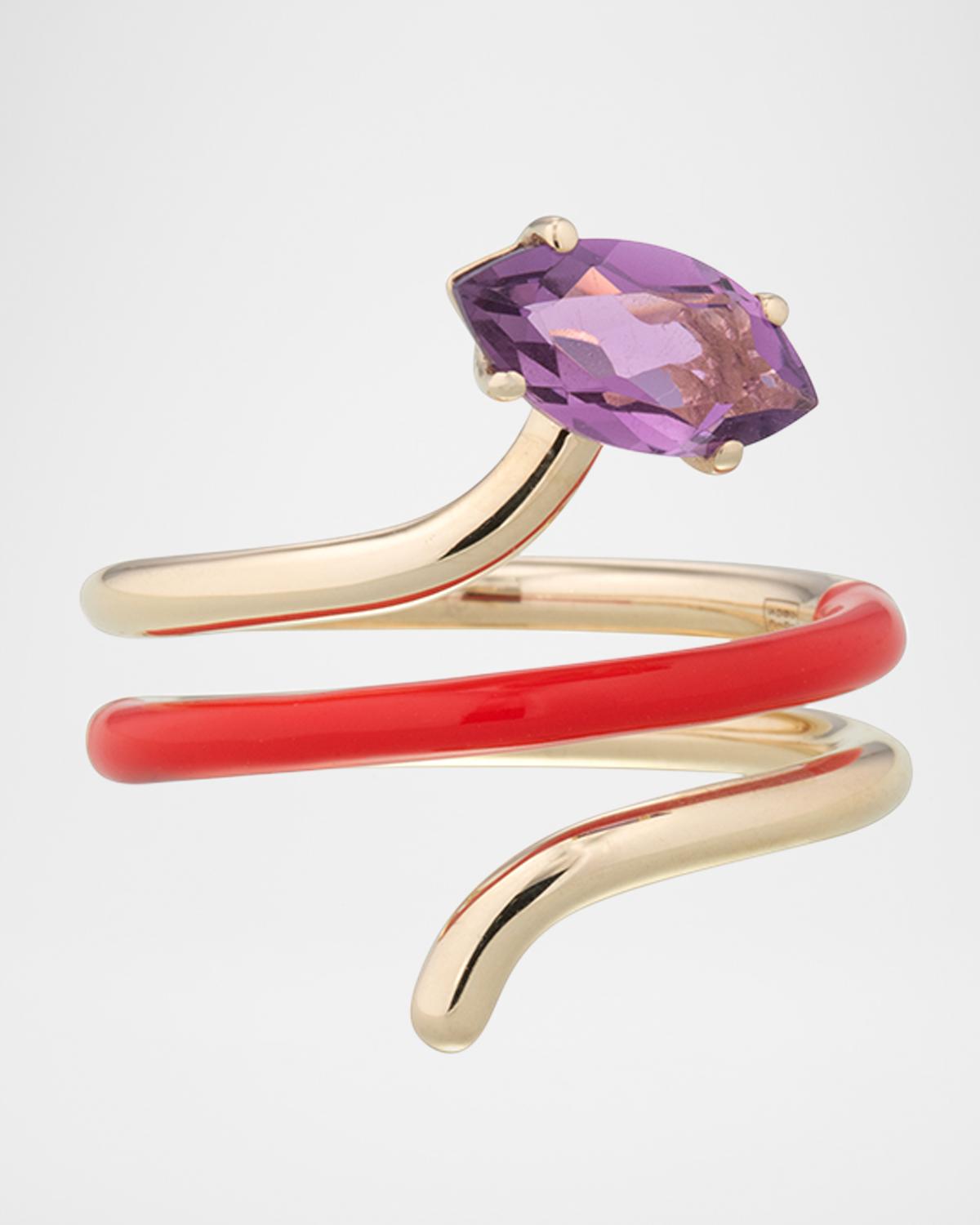 9K Yellow Gold and Red Enamel Amethyst Long Vine Statement Ring