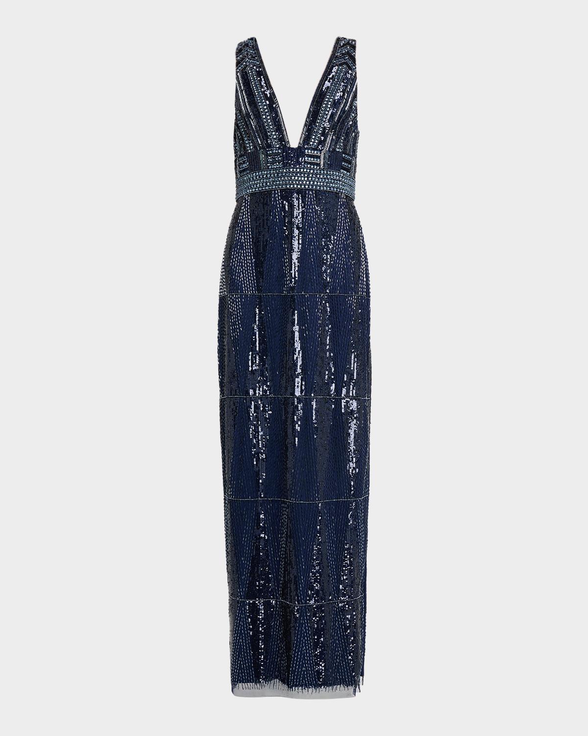 Aidan Mattox Beaded Deep V-Neck Column Gown